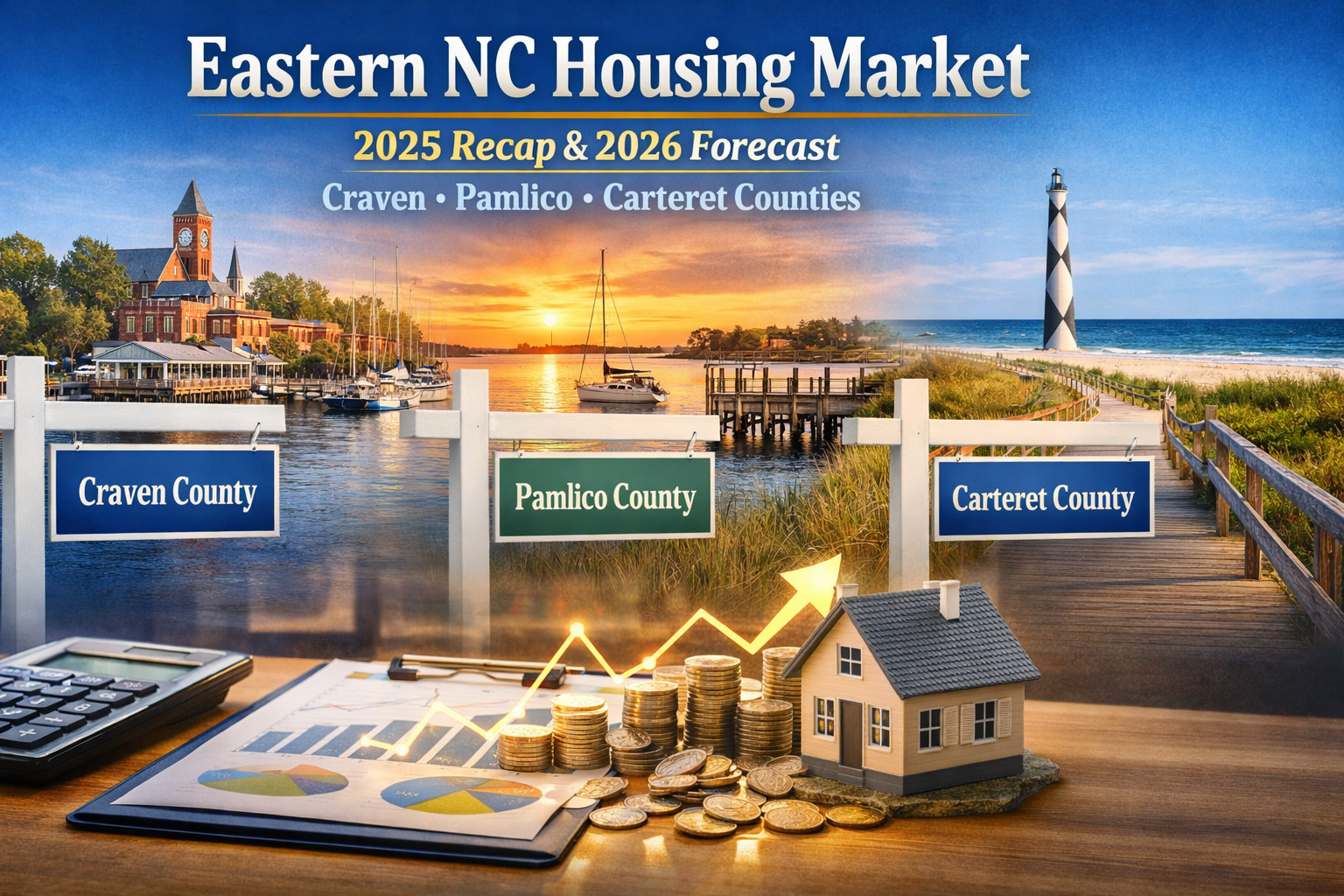 Eastern North Carolina housing market blog header showing “Eastern NC Housing Market: 2025 Recap & 2026 Forecast” over a waterfront-to-beach panorama, with Craven, Pamlico, and Carteret County sign posts plus a house, rising graph, calculator