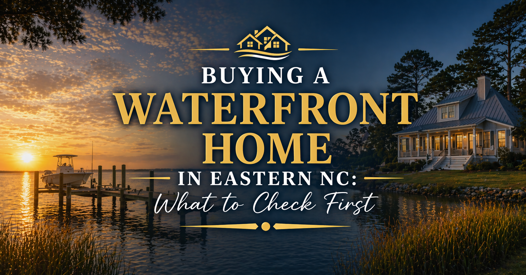 Blog header graphic showing a waterfront home in Eastern North Carolina at sunset with a private dock and boat on calm water. Large centered text reads “Buying a Waterfront Home in Eastern NC: What to Check First.”