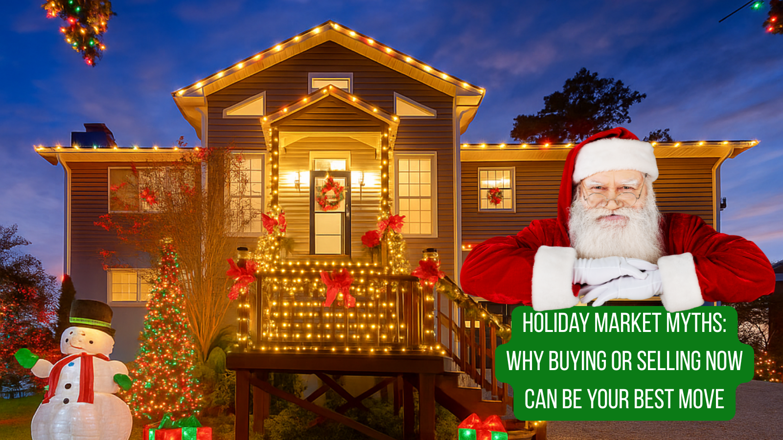 A two-story house for sale in Eastern North Carolina at dusk decorated for Christmas with multicolor lights outlining the roofline, warm white lights on the porch, wreaths on the doors and windows, garland wrapped along the porch railing, and a glowing Christmas tree visible through the front window. The sky behind the home is purple and blue, enhancing the festive and cozy atmosphere.