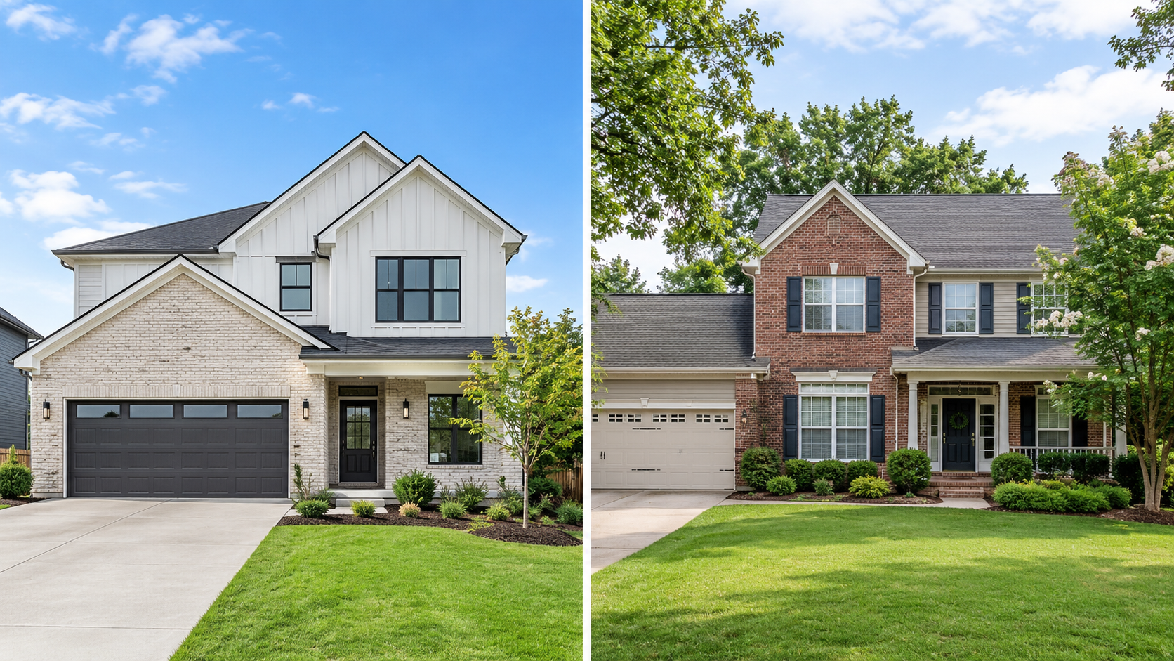 Side-by-side image of a new construction home and an established resale home