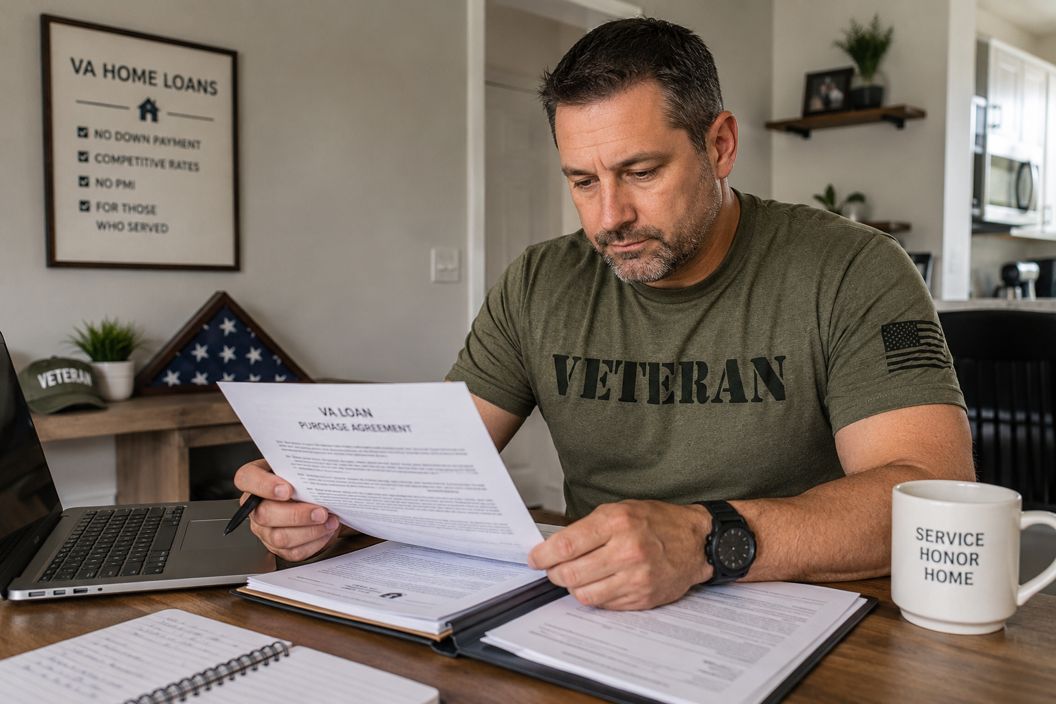 Veteran homebuyer reviewing paperwork for a VA loan while searching for homes in Huntington and Barboursville