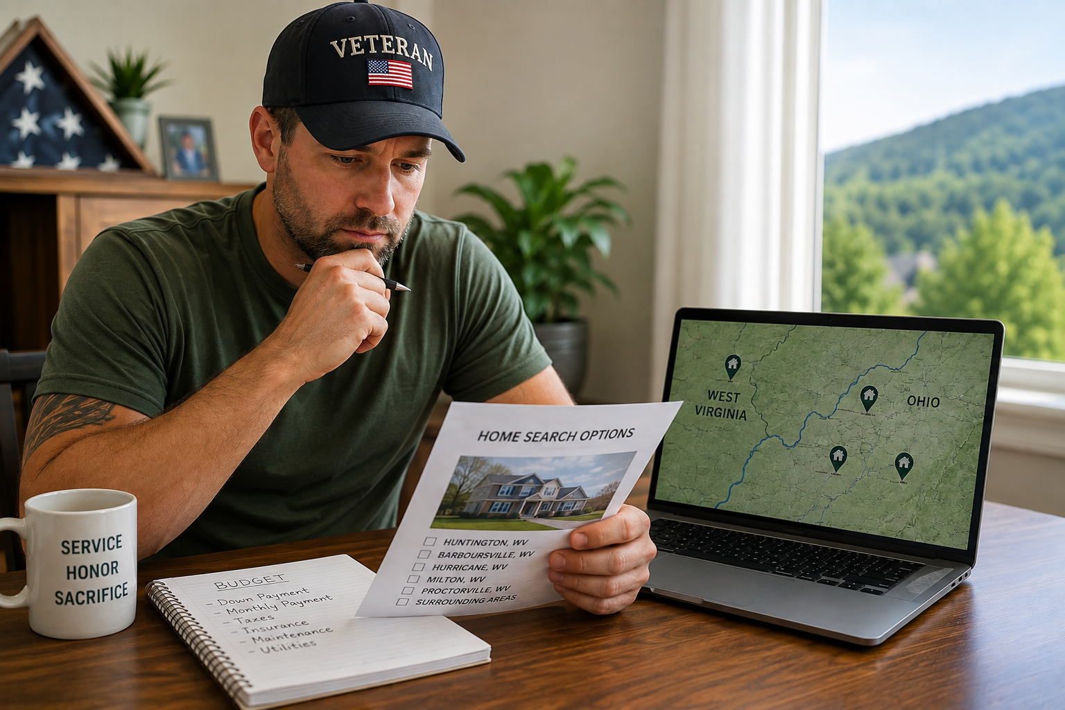 Veteran homebuyer reviewing budget and home search options for a move to West Virginia or Ohio