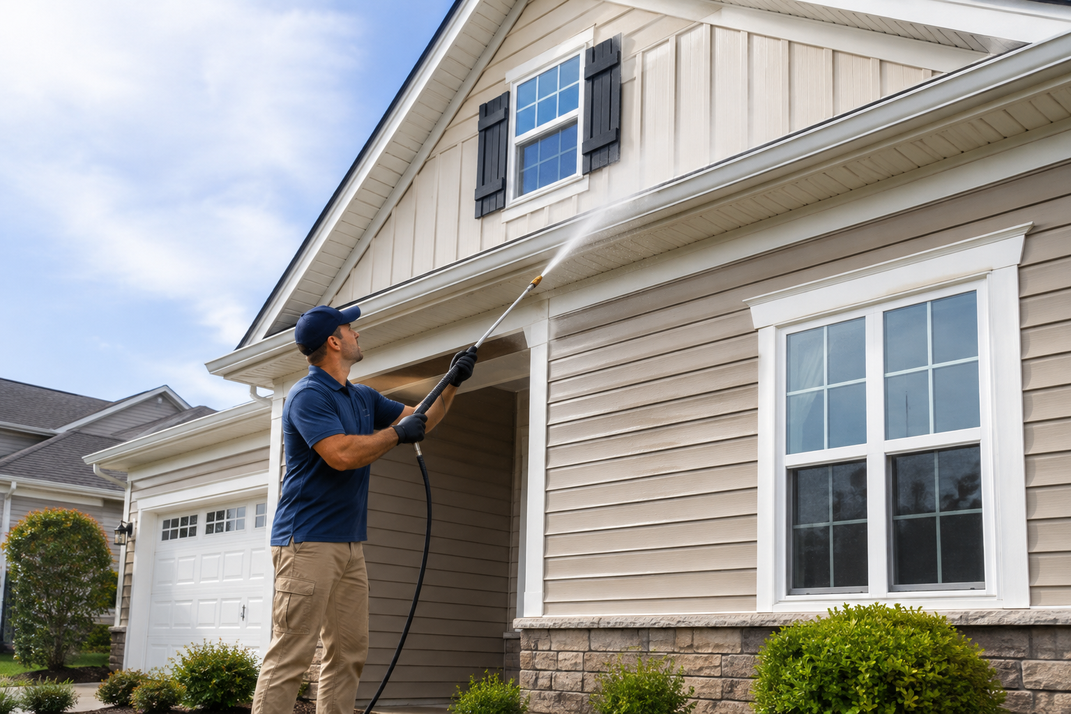 A worker power-washes the exterior siding of a home, cleaning the walls and trim to prepare the property for sale.