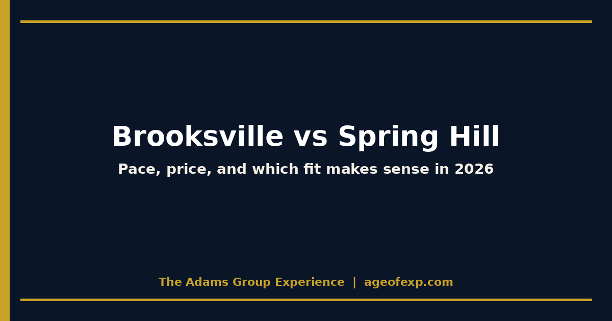 Navy and gold title card comparing Brooksville vs Spring Hill in 2026 for pace, price, and lifestyle fit.