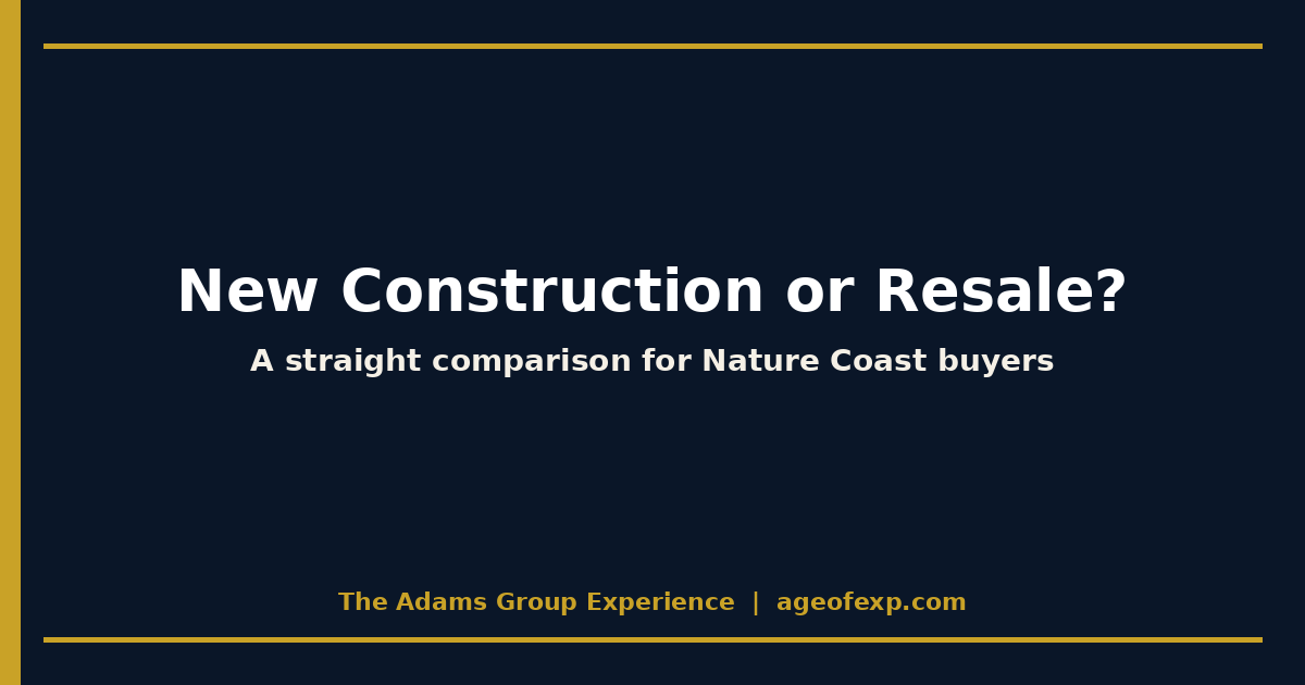 Navy and gold title card asking new construction or resale for Hernando County and Nature Coast buyers.