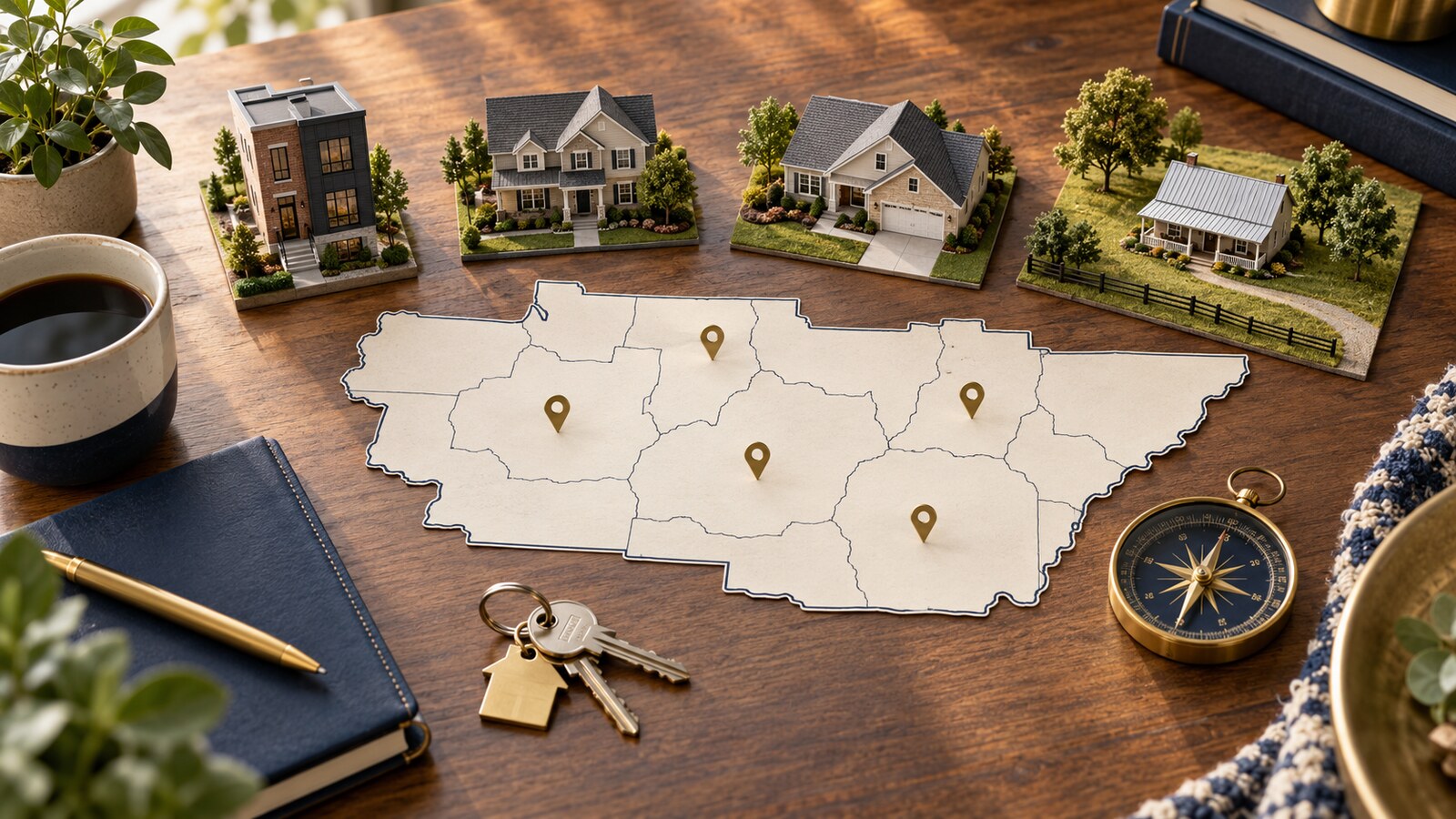 Middle Tennessee relocation map surrounded by different home styles, house keys, and a compass.