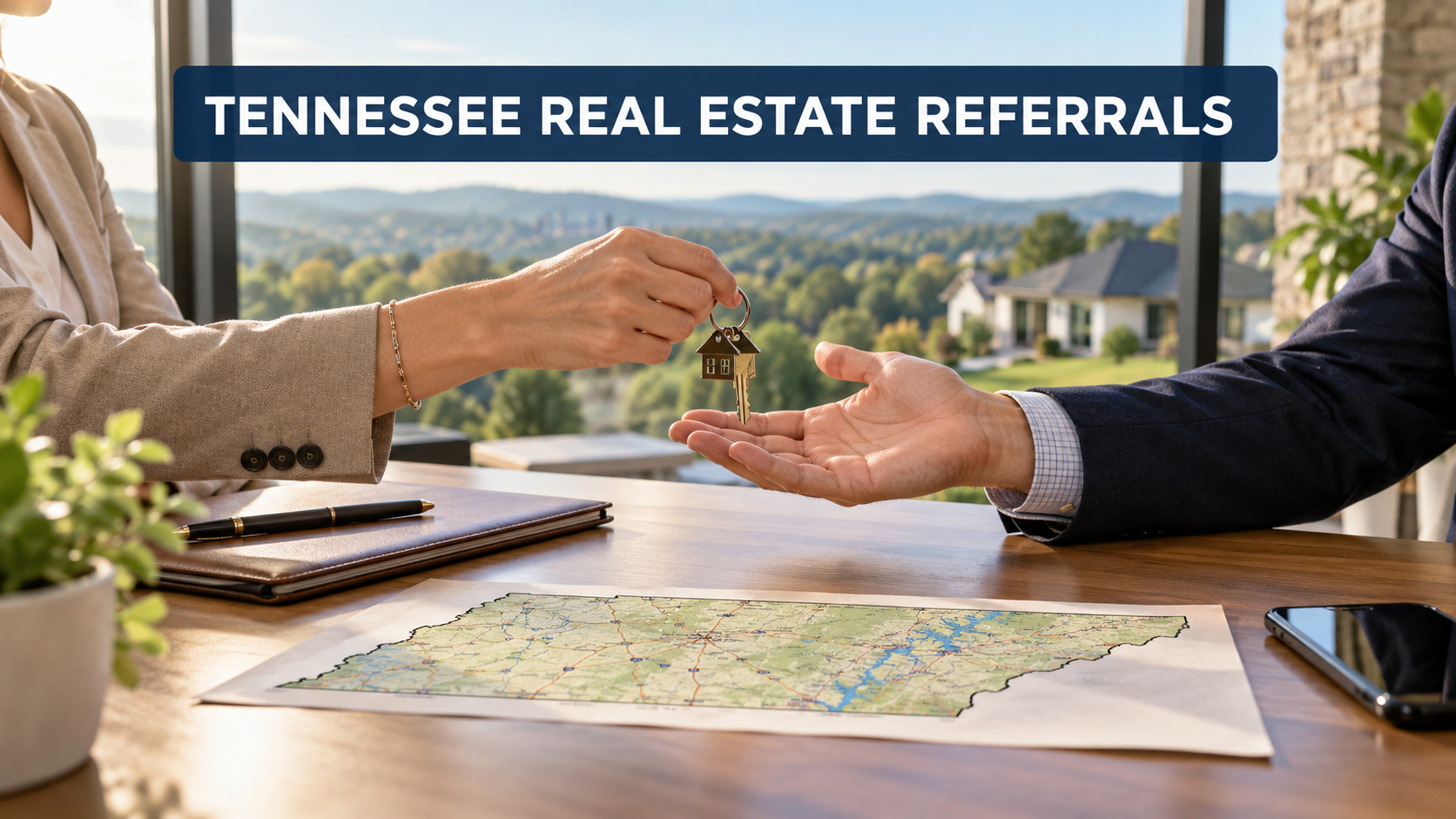 A professional real estate referral handoff with house keys, a Tennessee map, and Middle Tennessee hills in the background.