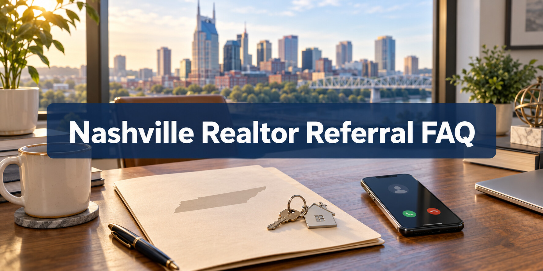 Nashville real estate referral workspace with a Tennessee-shaped folder, house keys, smartphone, and Nashville skyline.