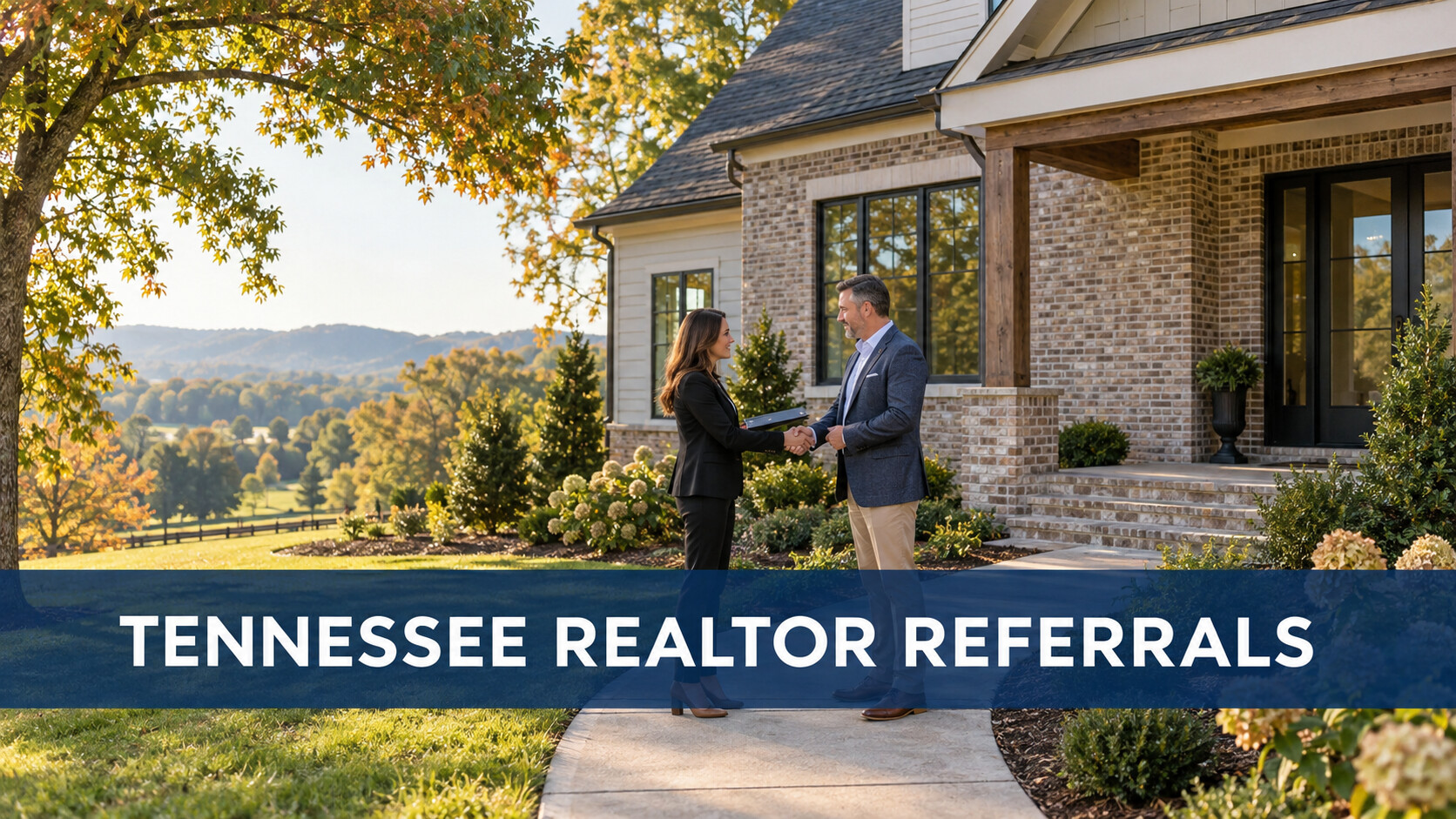 Two real estate professionals completing a referral handoff outside a brick-and-siding home in Middle Tennessee.