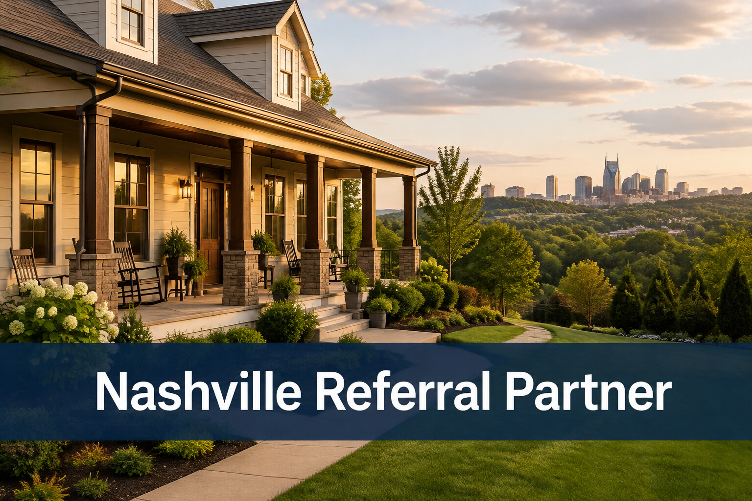 Middle Tennessee porch home overlooking the Nashville skyline with a Nashville Referral Partner banner.