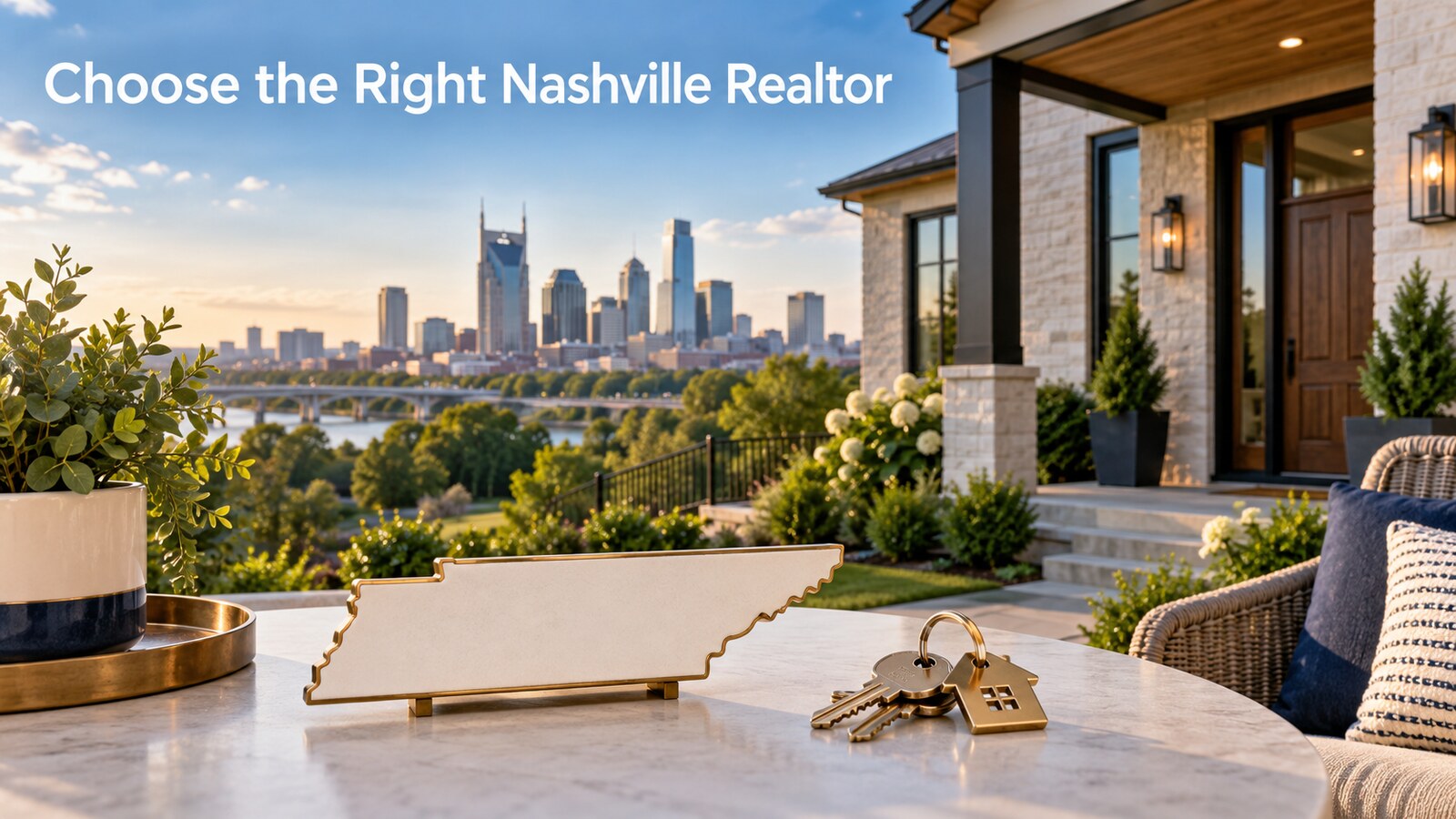 Modern Middle Tennessee home overlooking Nashville with the words “Choose the Right Nashville Realtor.”