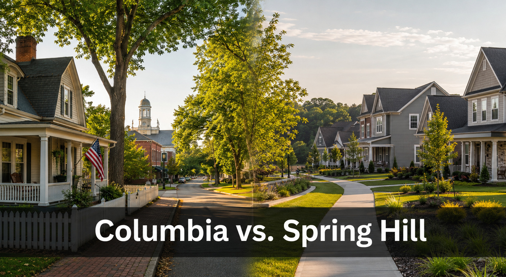 Side-by-side view of an older Columbia, Tennessee home and a newer Spring Hill, Tennessee neighborhood representing differences in housing and lifestyle.