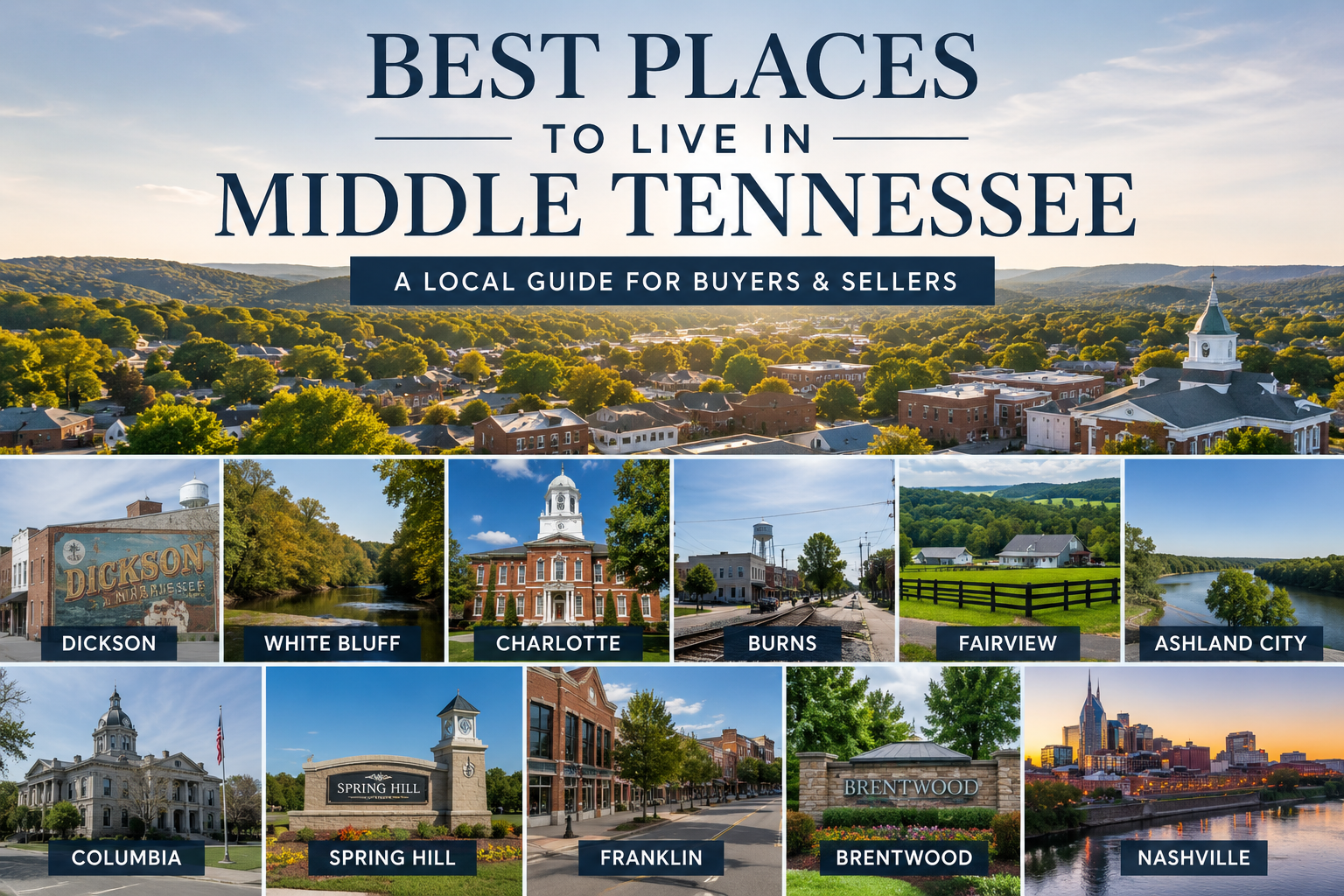 Best places to live in Middle Tennessee real estate guide featuring Dickson, White Bluff, Charlotte, Burns, Fairview, Ashland City, Columbia, Spring Hill, Franklin, Brentwood, and Nashville