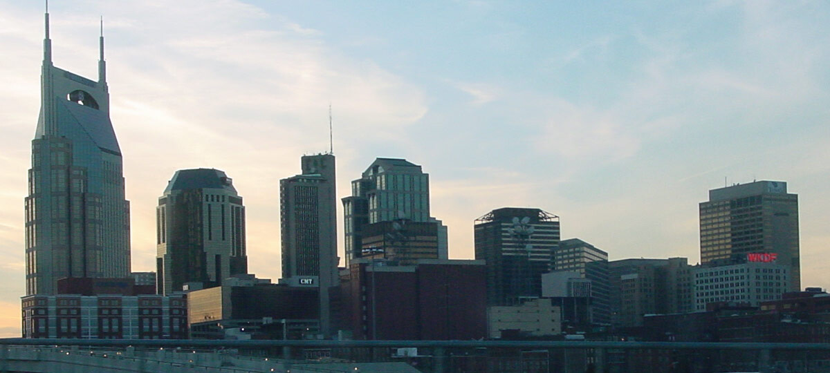 Downtown Nashville skyline illuminated at dusk
