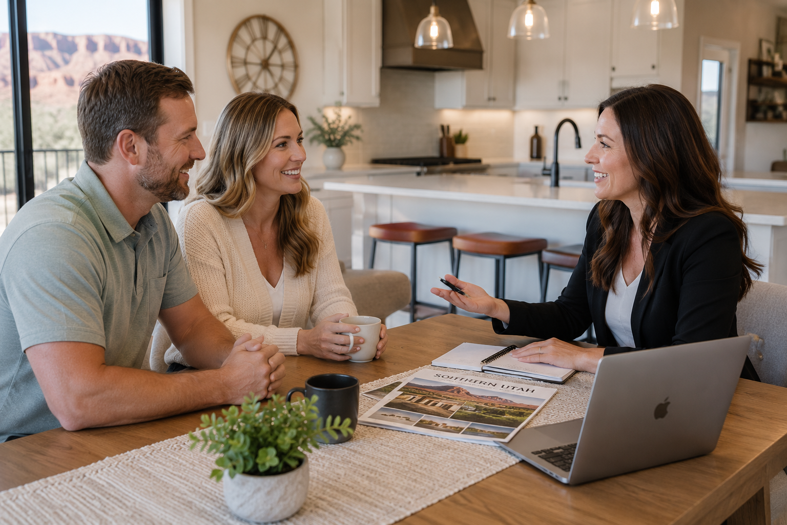 Homeowners meeting with a real estate agent at a kitchen table to discuss buying or selling a home in Southern Utah.