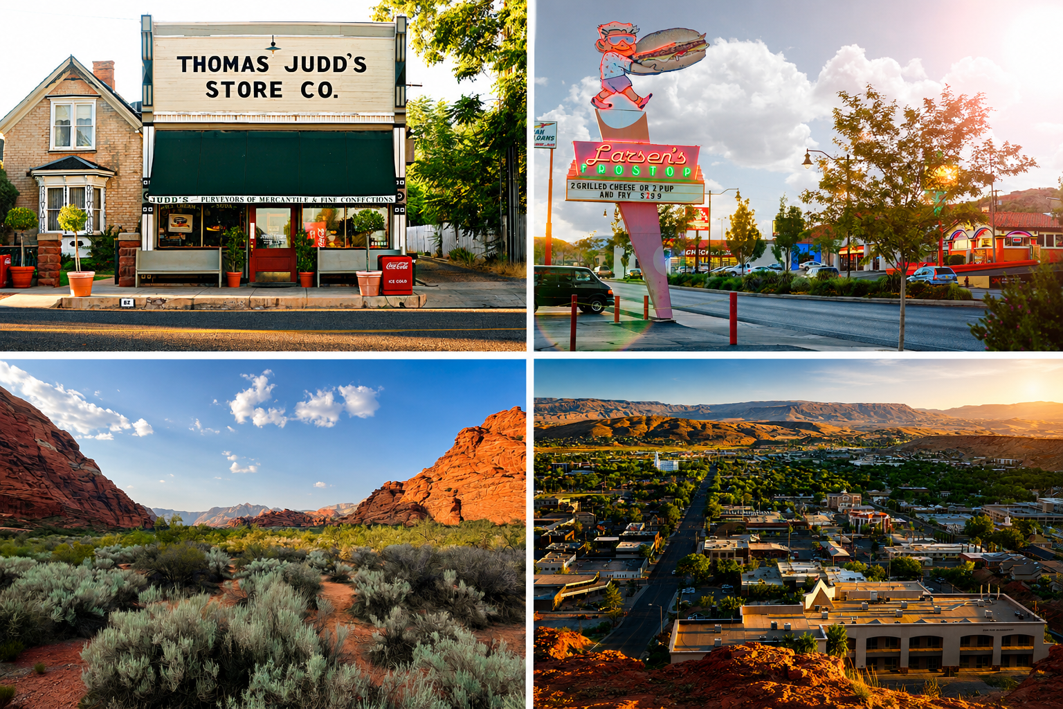 Four-photo collage showcasing Washington County, Utah, featuring historic Thomas Judd’s Store in downtown St. George, the iconic Larsen’s Frostop sign, red rock landscapes in Snow Canyon State Park, and an aerial view of downtown St. George at sunset with surrounding desert mesas.