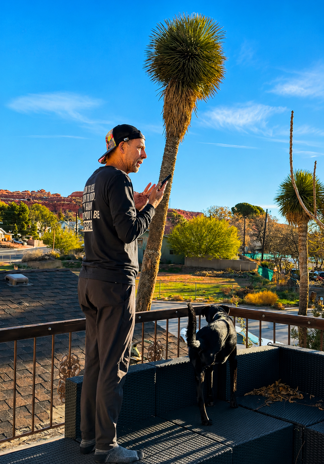 Jeremy Larkin pauses on a rooftop patio overlooking St. George's red rock landscape while discussing real estate, investing, and life in Southern Utah.