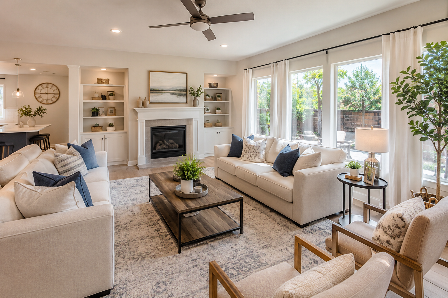 Bright, professionally staged living room photographed for a real estate listing, showcasing a clean, inviting space ready for home buyers.