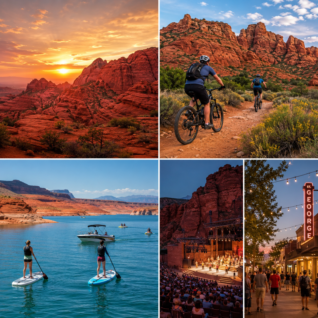 Collage of Southern Utah lifestyle featuring red rock landscapes, outdoor recreation, Sand Hollow Reservoir, and local entertainment representing what it's like to live in Washington County, Utah.