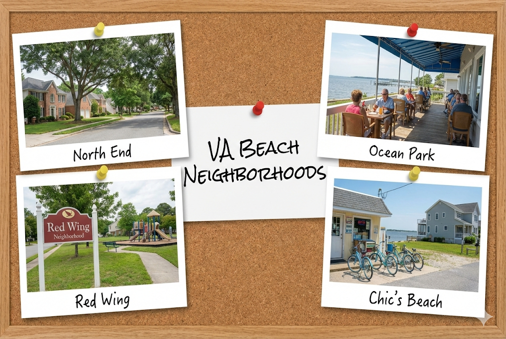 Collage showing different Virginia Beach neighborhoods - family homes, tree-lined streets, and local amenities