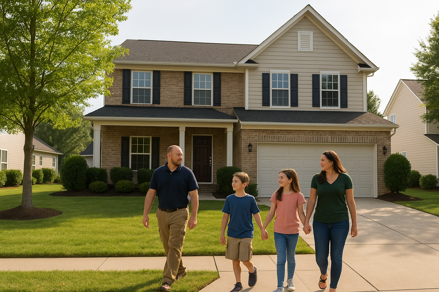 Family walking past a single‑family home in Chesapeake VA neighborhood