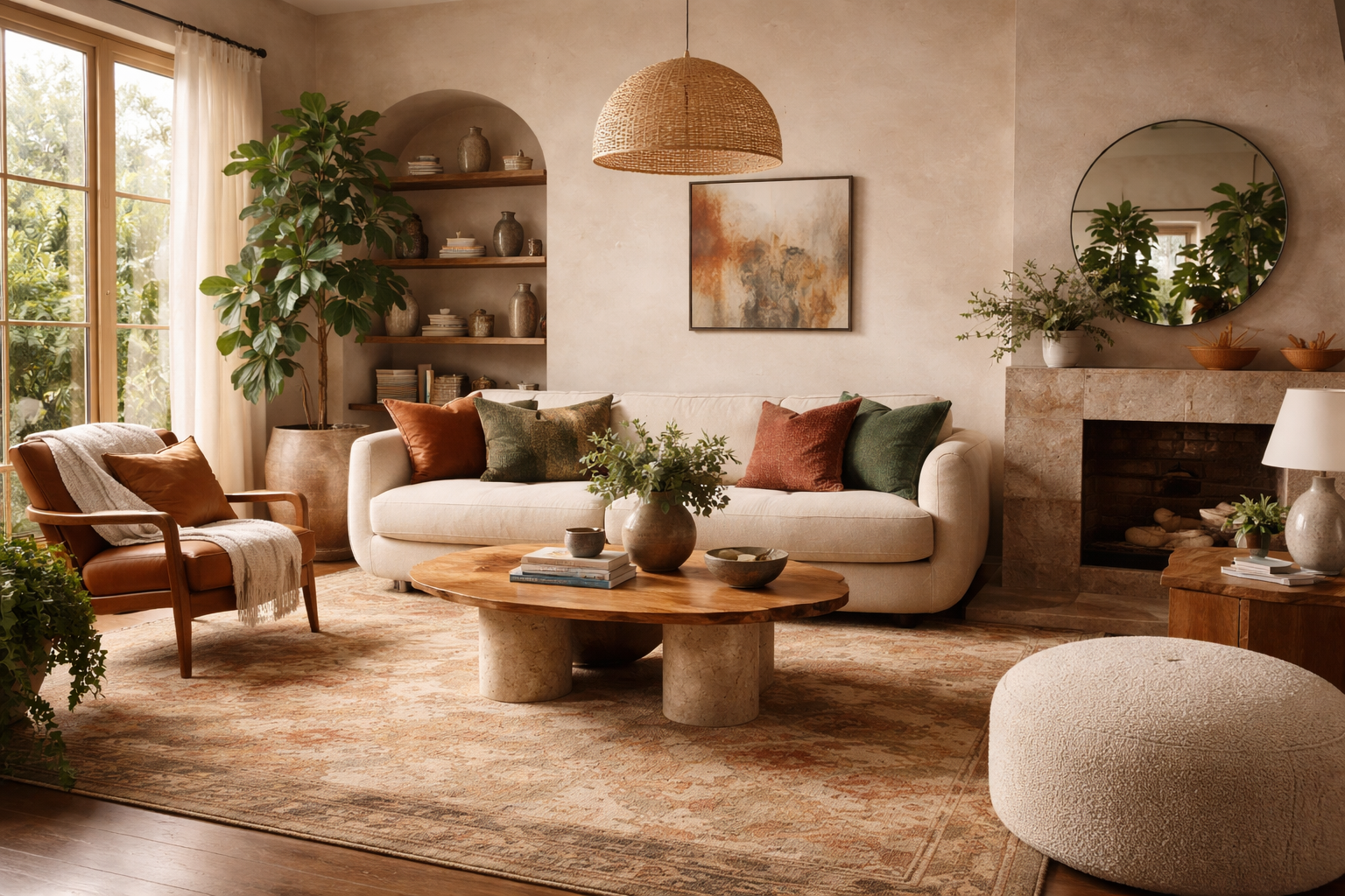 On-trend living room featuring curved seating, natural wood accents, earthy tones, and biophilic elements, showcasing the type of design buyers are drawn to in today’s Bakersfield housing market.