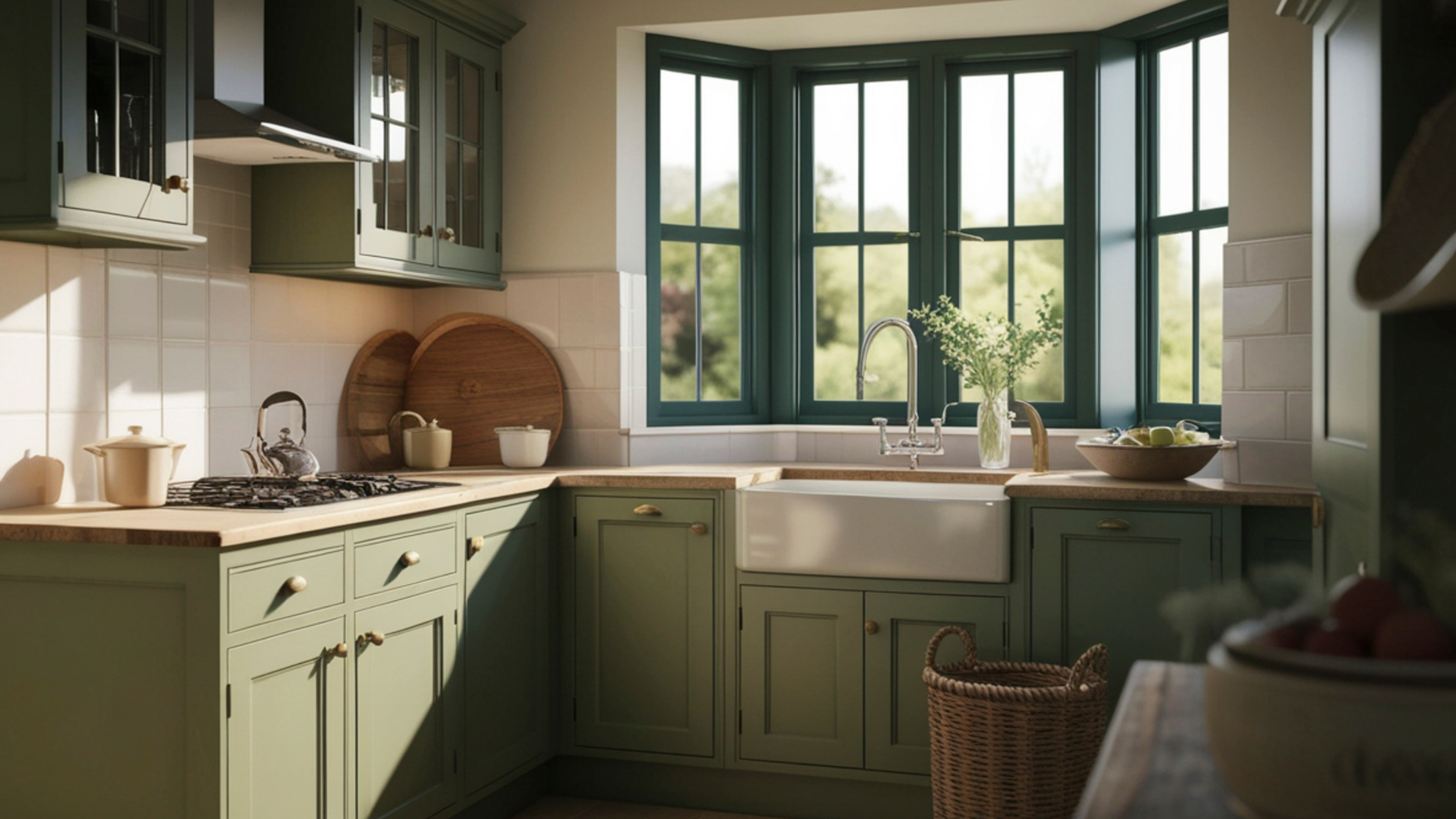 Sunlit staged kitchen with green cabinets, farmhouse sink, and large windows in a Bakersfield home