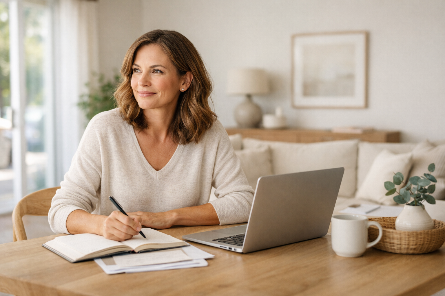 Woman sitting at a dining table planning on a laptop in a bright, airy California home interior