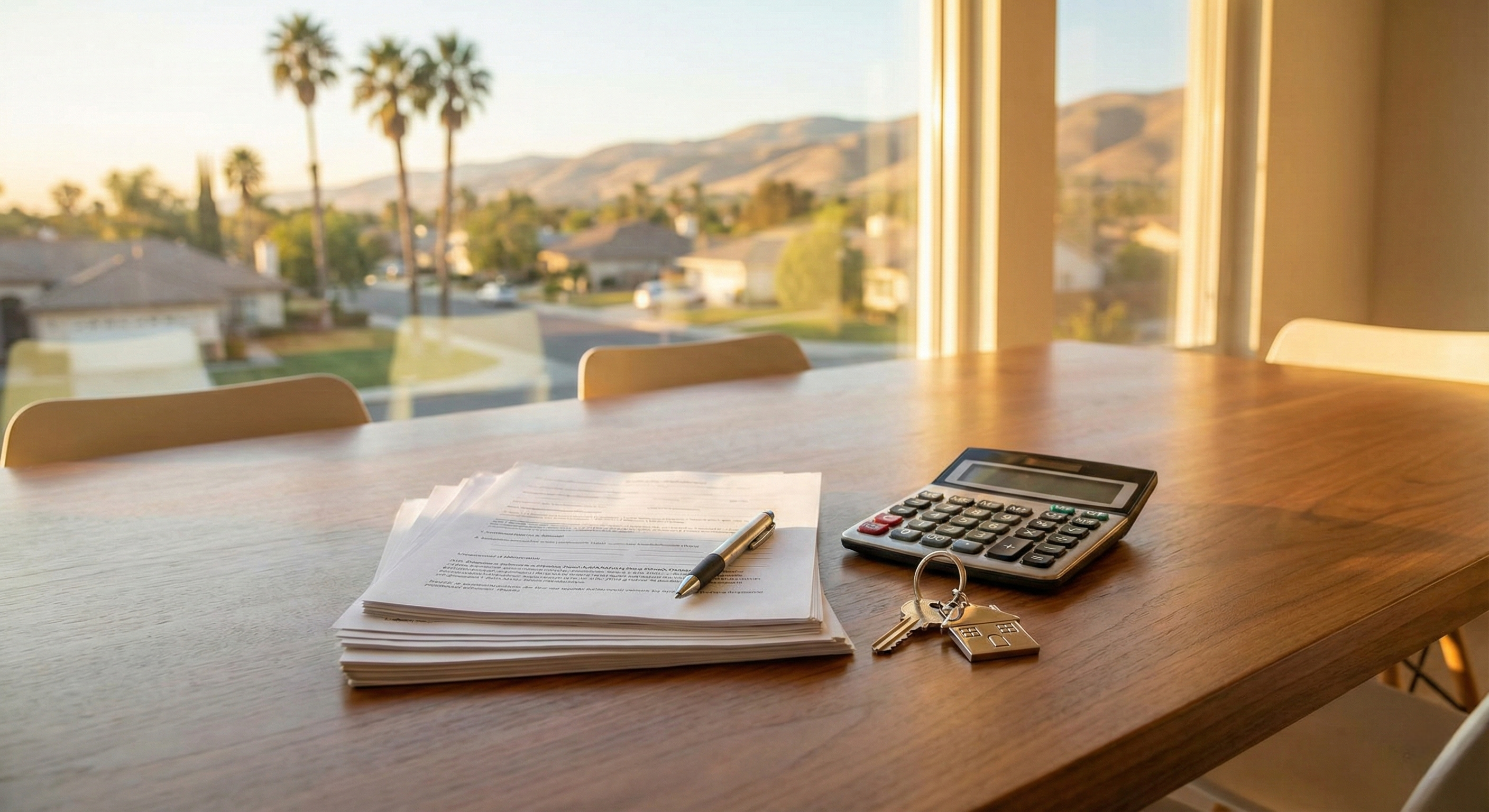 A close-up of a wooden table featuring a house key, pen, paperwork, and calculator with a view of Bakersfield neighborhood and hills in the background.