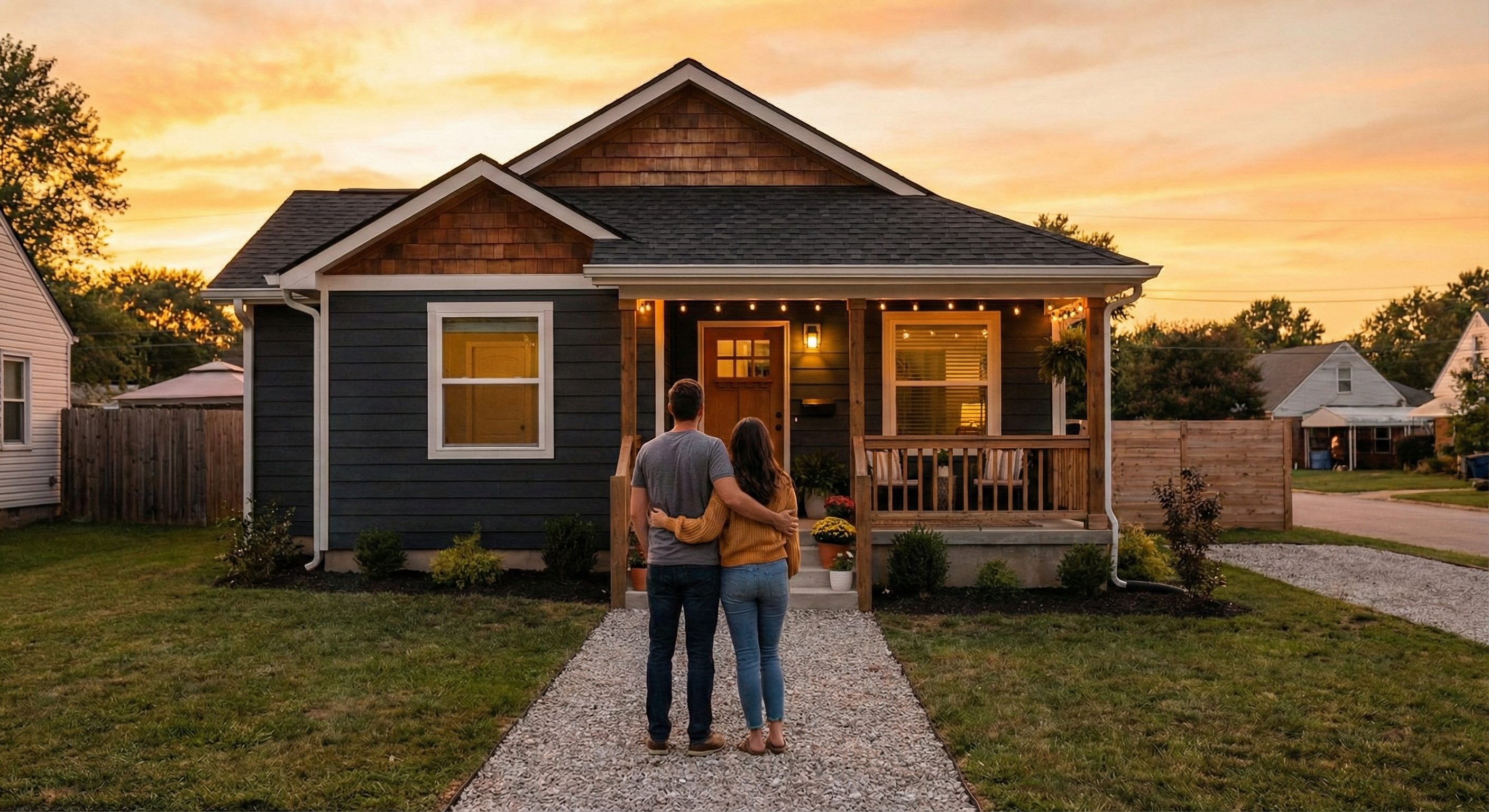 Couple looking at a new single family home at sunset, representing first-time buyers entering the Bakersfield housing market.