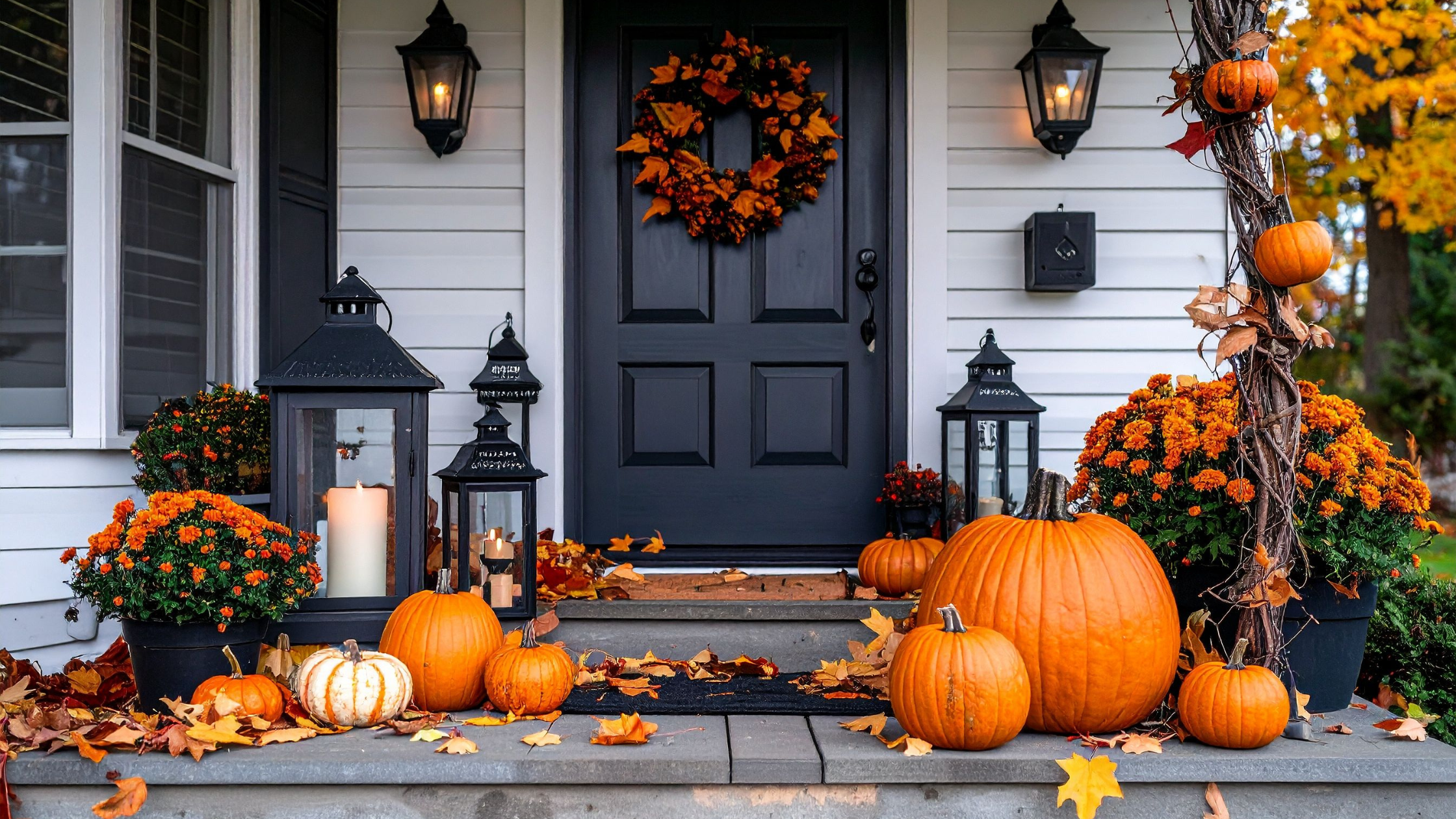 Home front porch decorated with fall themed items