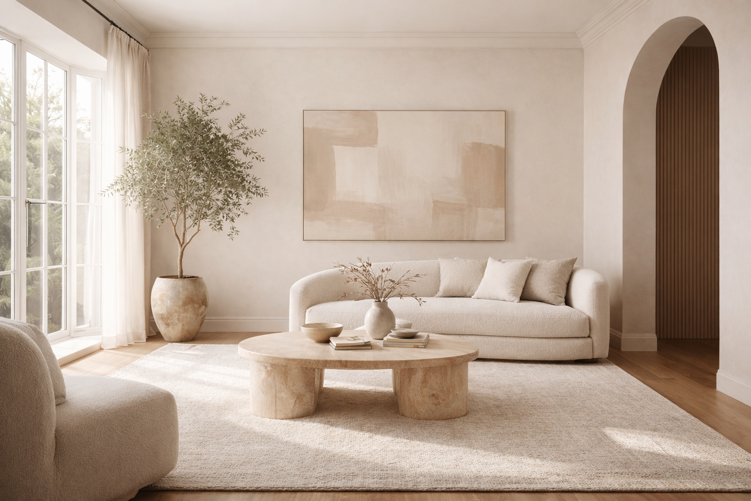 Bright, modern California living room with neutral decor and natural light, illustrating how homes that show well stand out in the Bakersfield real estate market.