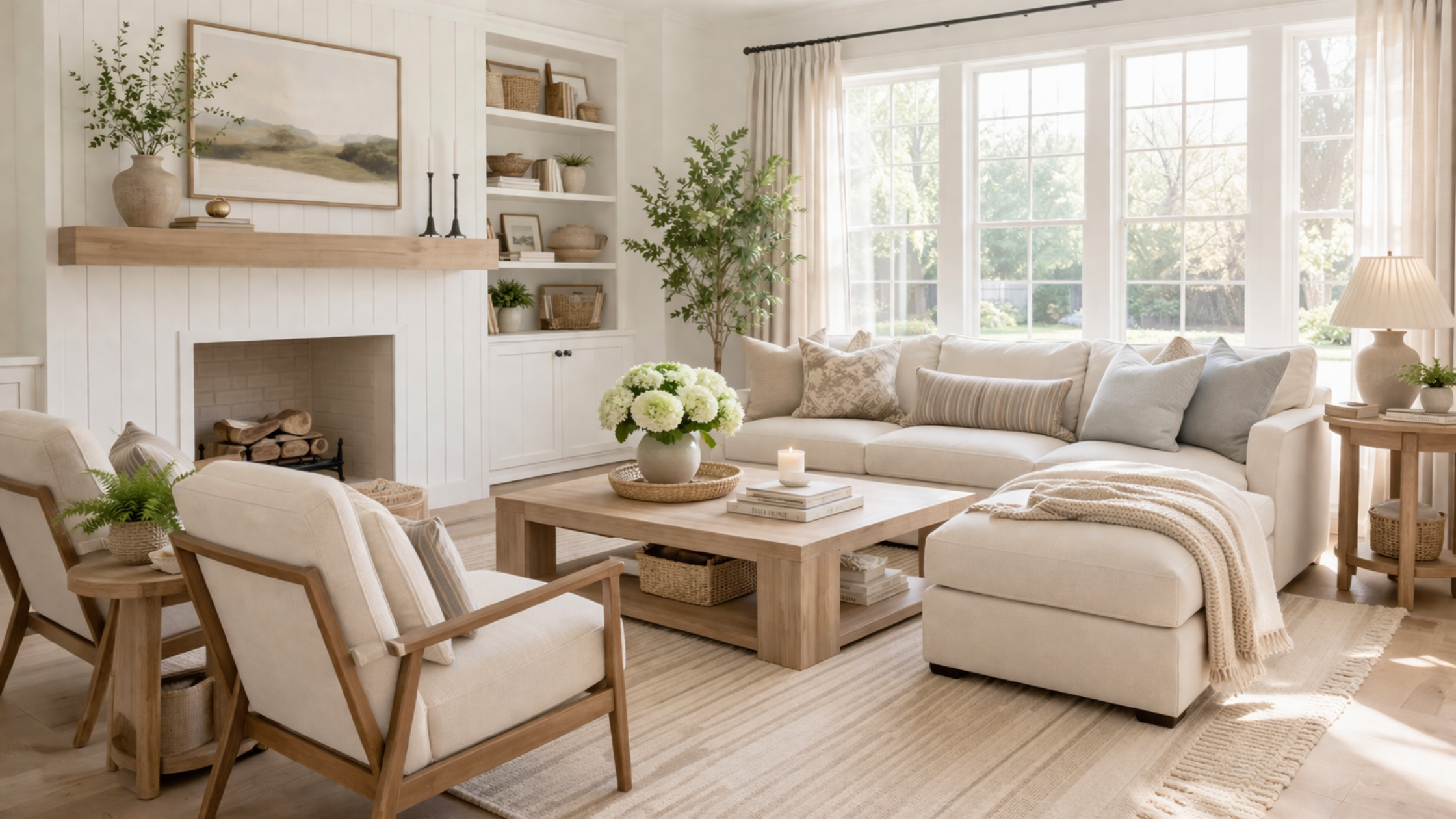 Bright, airy living room in a modern Bakersfield home featuring a neutral color palette, natural light, and soft contemporary design—ideal inspiration for homebuyers searching for stylish interiors in Kern County real estate.