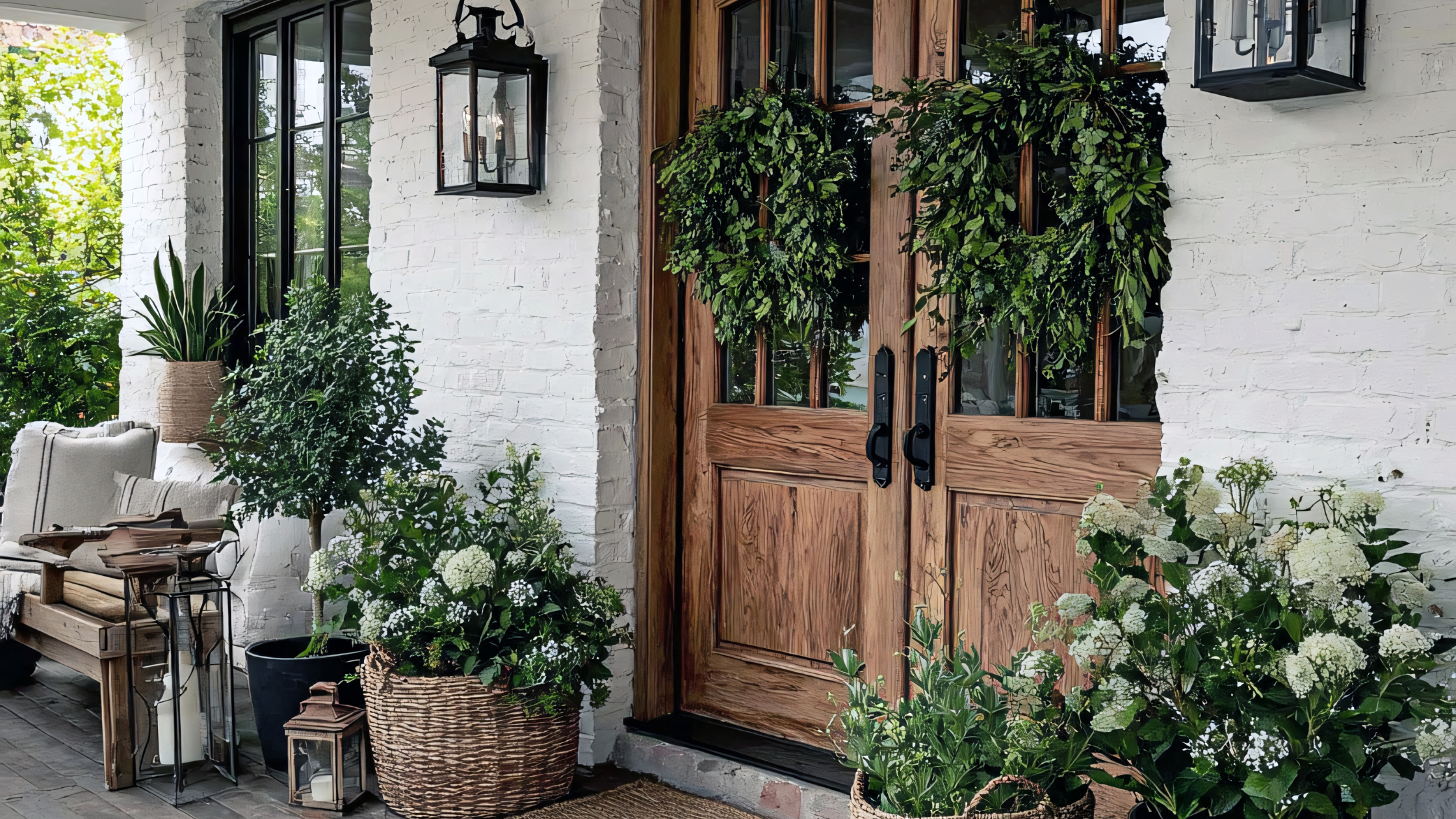 Modern farmhouse front porch, with potted plants and neutral doormat, symbolizing buying a home in Bakersfield and Kern County real estate.