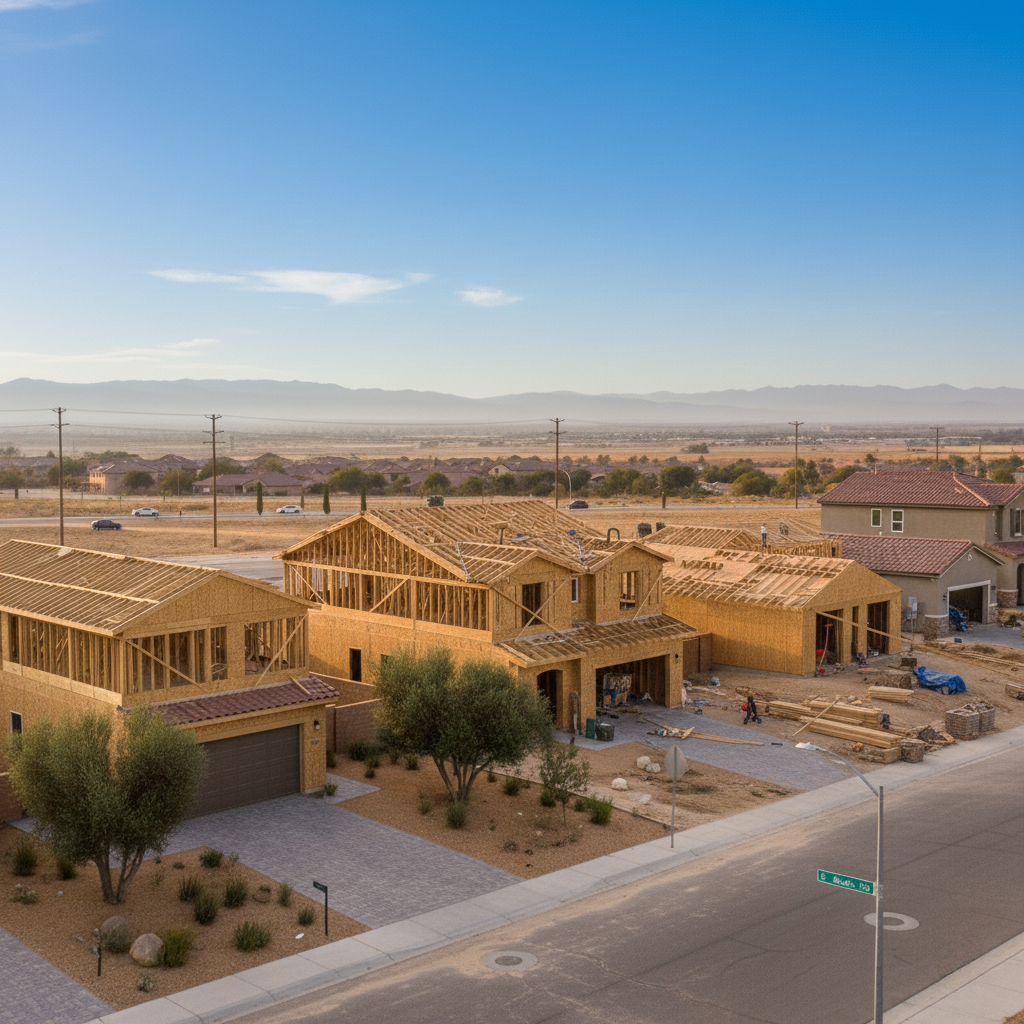 A residential neighborhood in Bakersfield, California with homes in various stages of construction