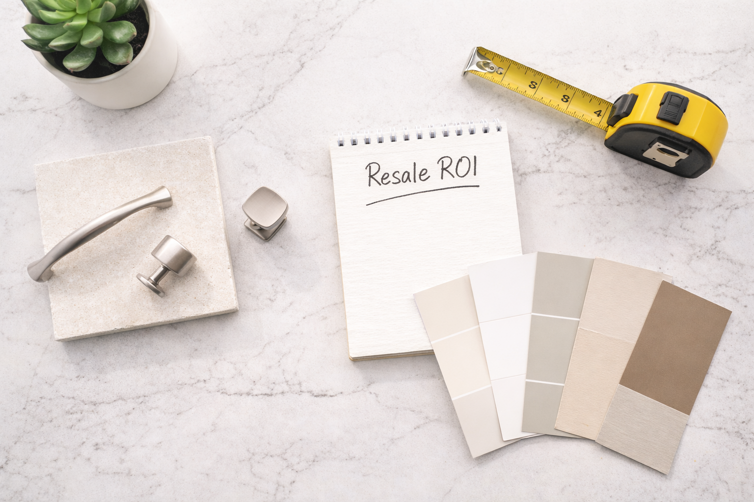 Neutral home improvement planning items laid out on a countertop, including paint swatches, hardware, and measuring tools.
