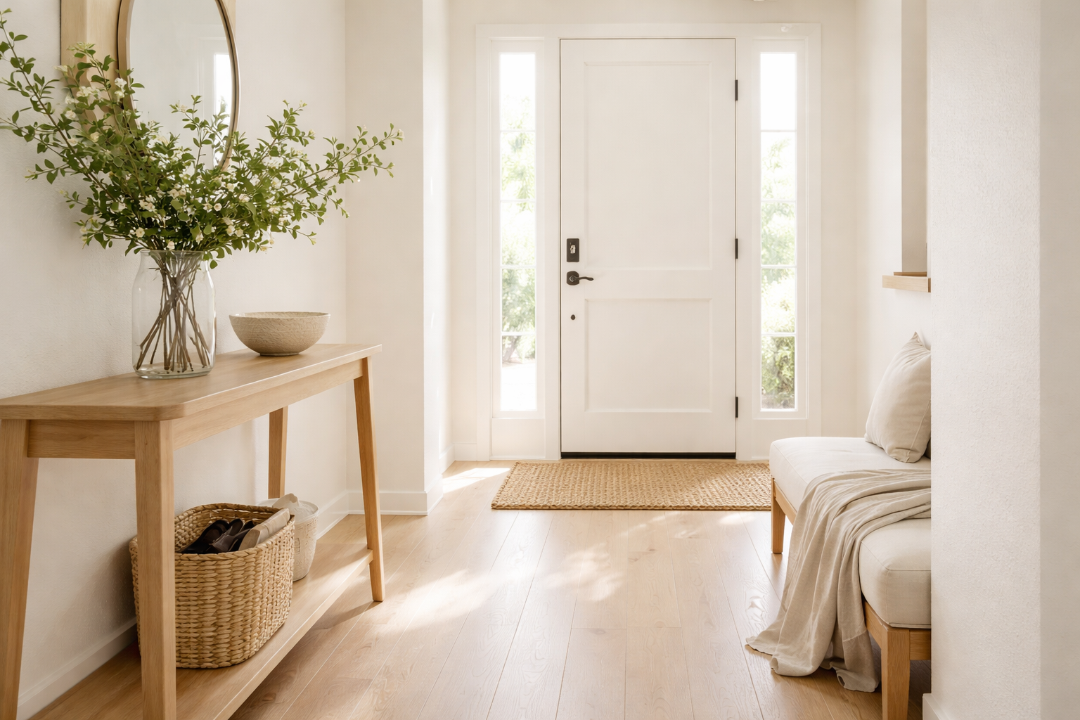 Bright, sunlit California home entryway with light wood floors, white walls, a simple wood console table holding a ceramic bowl and vase of fresh greenery, a neatly placed woven doormat, and a bench with a softly folded linen throw.