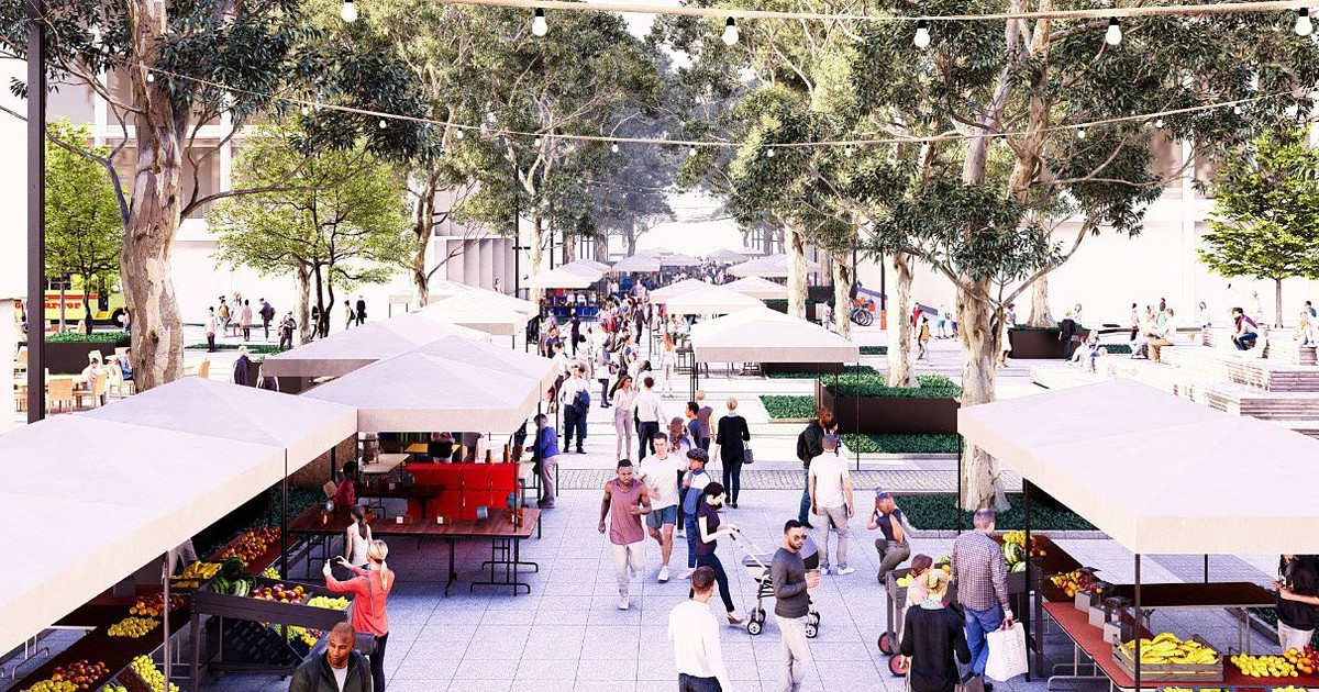 Rendering of market tents, produce stalls and crowds under string lights on the planned Rio Grande District festival street in Salt Lake City.