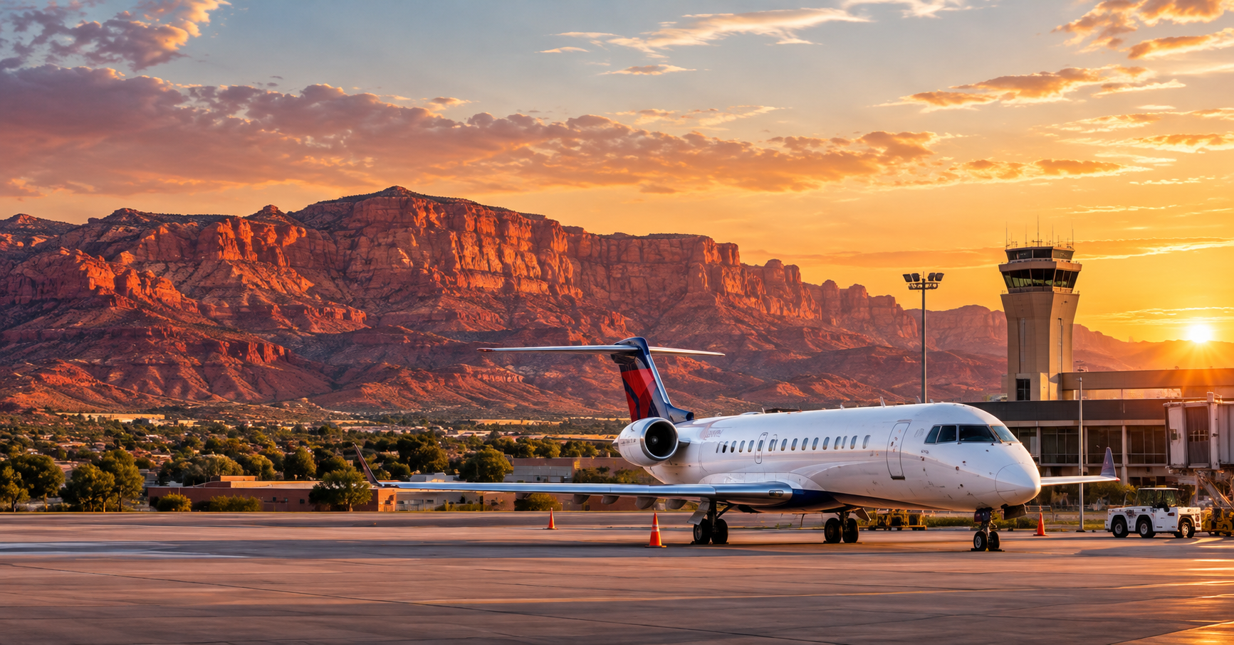 Regional jet at St. George Regional Airport with red rock mesas in the background, as Southern Utah’s growing airport expands