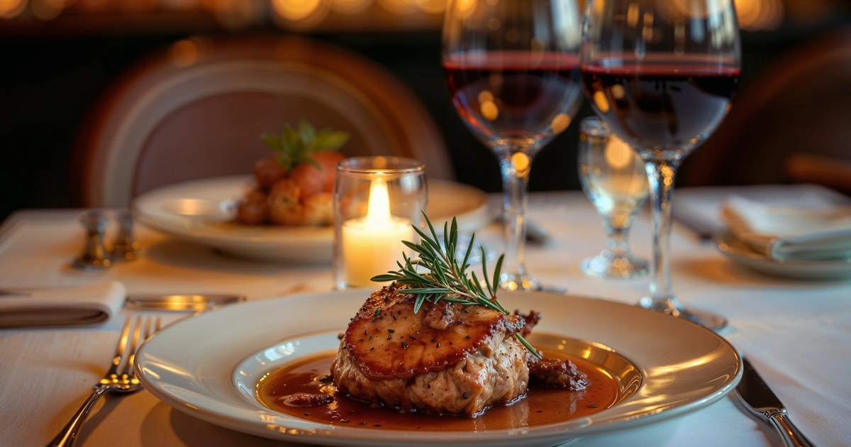 Candlelit restaurant table with a seared entrée topped with rosemary in pan sauce, two glasses of red wine and a softly lit dining room behind