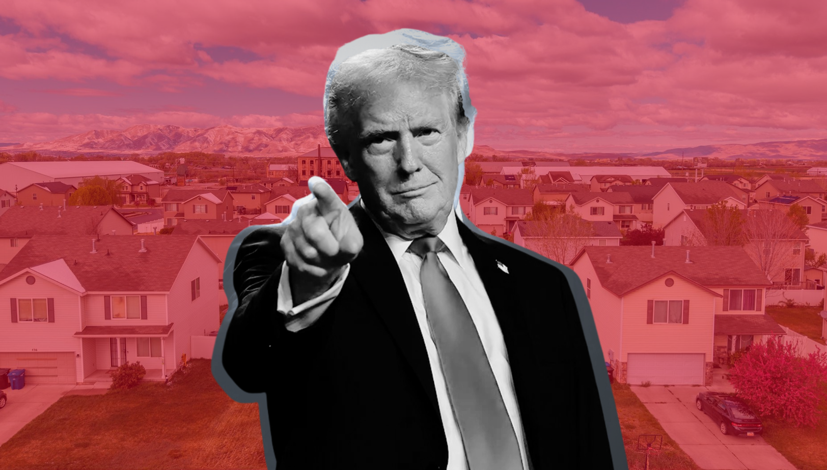 Stylized monochrome figure pointing forward over red-tinted suburban Utah homes, symbolizing Trump’s housing boom policies.