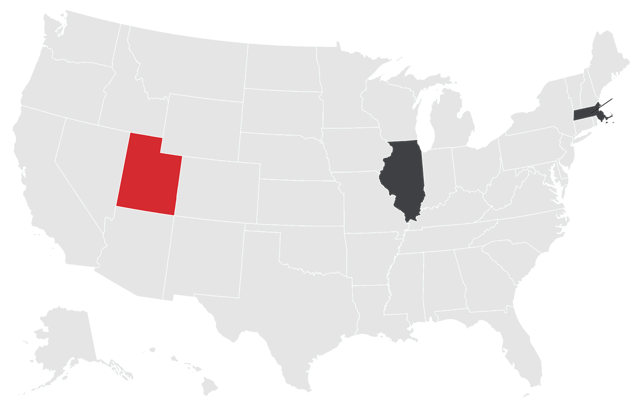 Map of the United States with Utah highlighted for three top 25 tech schools, plus Illinois and Massachusetts with one each