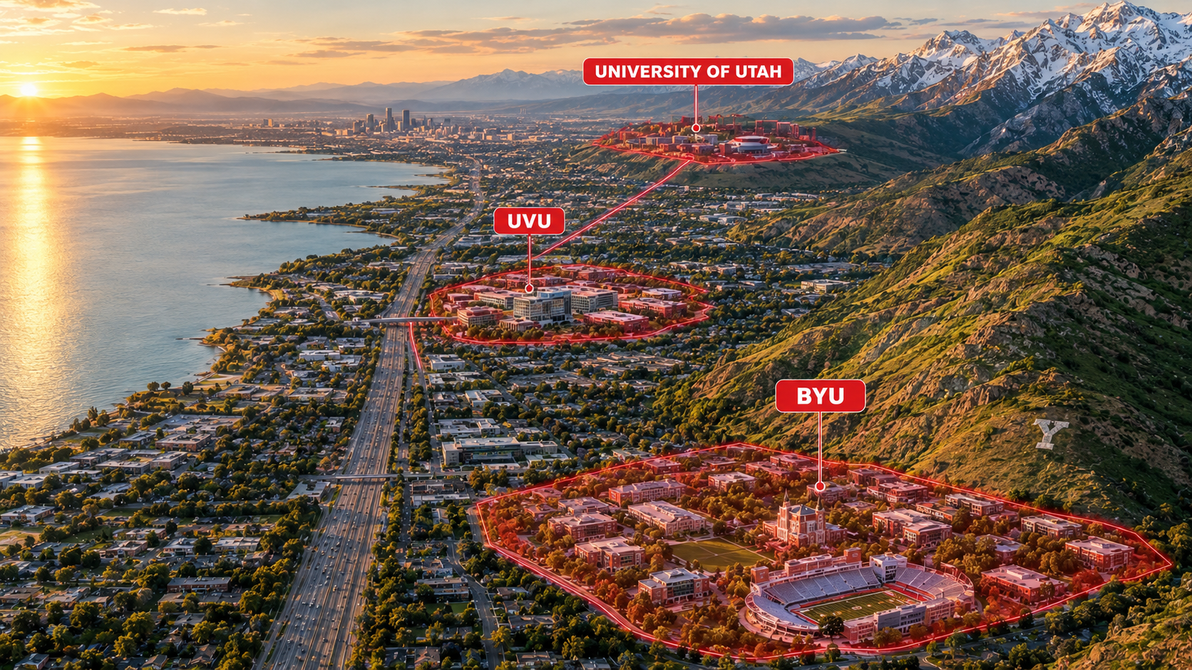 Aerial illustration of Utah’s Wasatch Front highlighting BYU, UVU and the University of Utah campuses in red