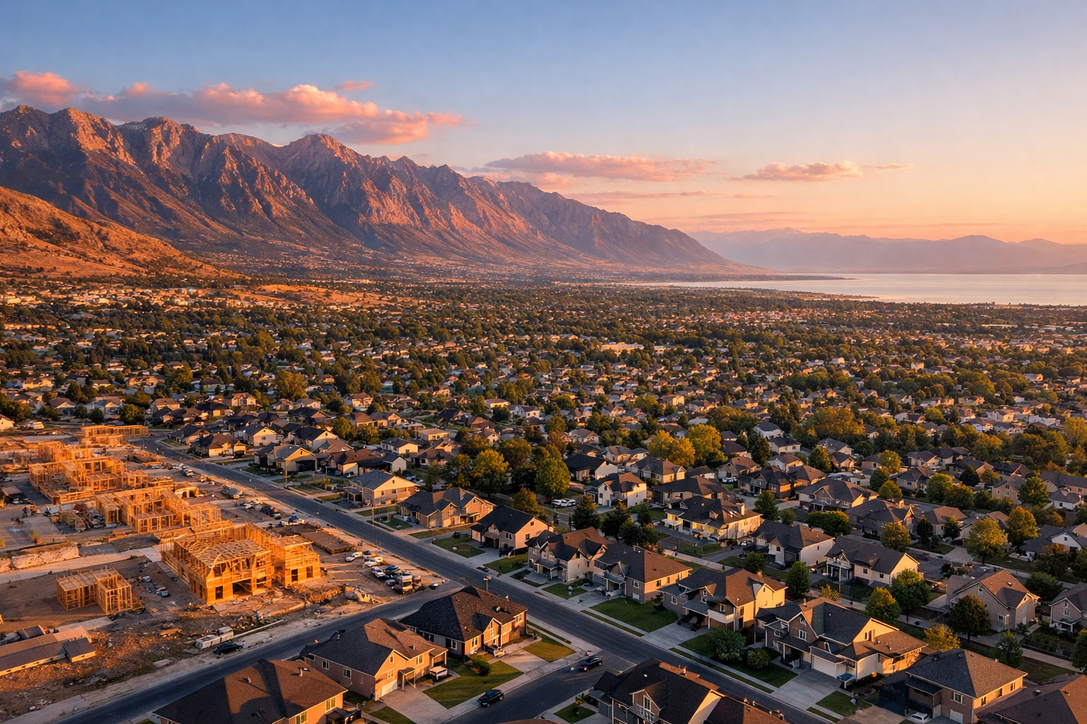 Aerial view of Utah County neighborhoods below the Wasatch Range at golden hour