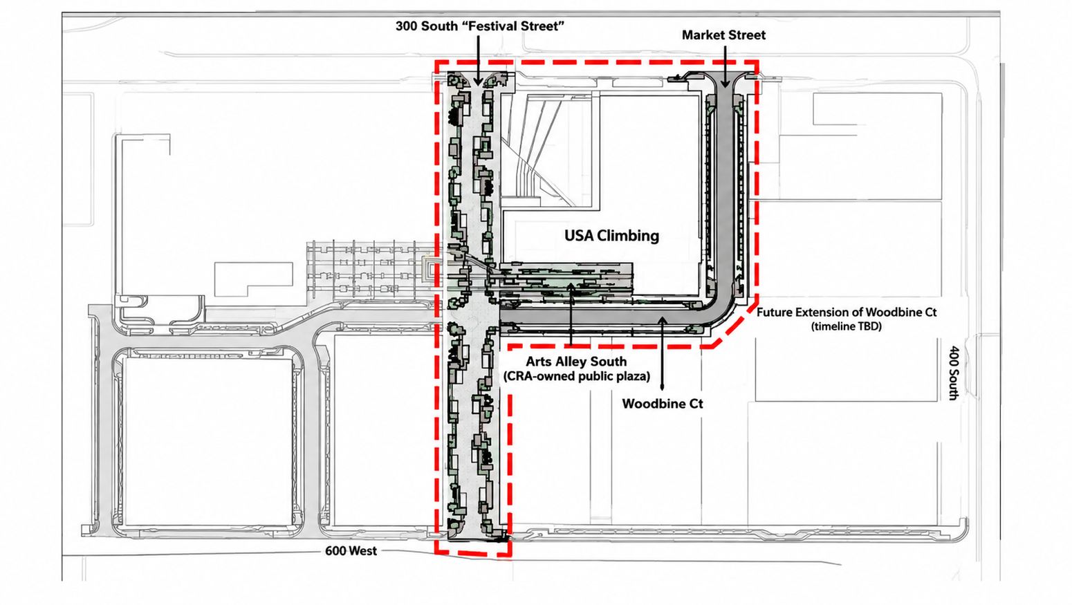 Salt Lake City Community Reinvestment Agency map of Rio Grande District Phase 1 at 40 percent design, showing the 300 South festival street, Market Street, Woodbine Court, and Arts Alley South around the USA Climbing site.