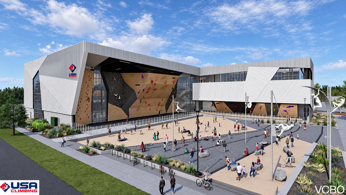 Rendering of the planned USA Climbing National Training Center in Salt Lake City, a three story building with large climbing walls facing a public plaza with seating boulders, bike racks, and landscaping