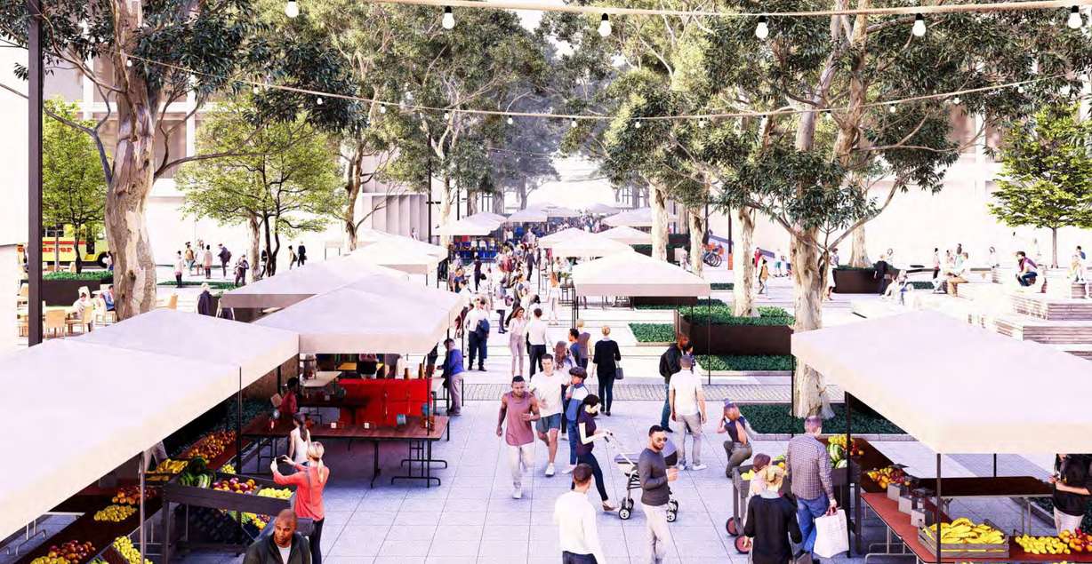 Rendering of the planned 300 South festival street in Salt Lake City’s Rio Grande District set up for a street market, with white market tents, shade trees, overhead string lights, and people walking on a shared paved surface.