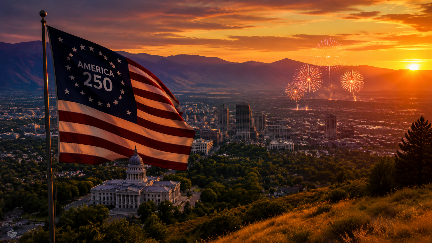 Utah skyline and mountains at sunset during Fourth of July America250 celebration