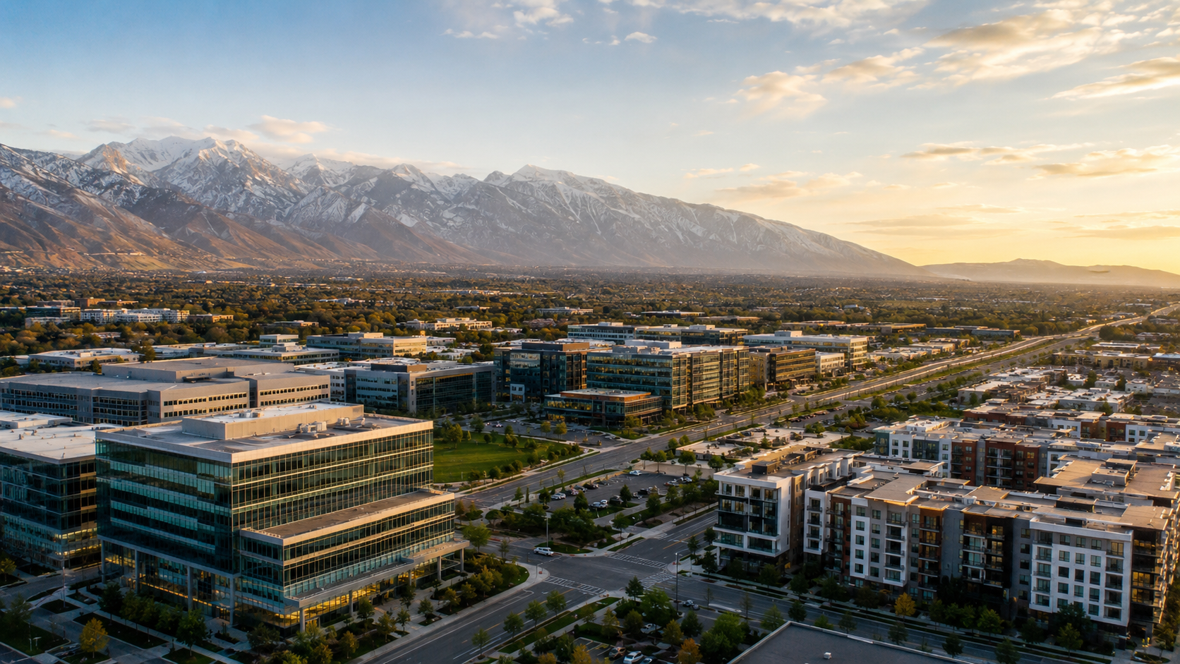Aerial view of Utah's Wasatch Front innovation corridor with technology campuses, housing growth, and mountains in the background