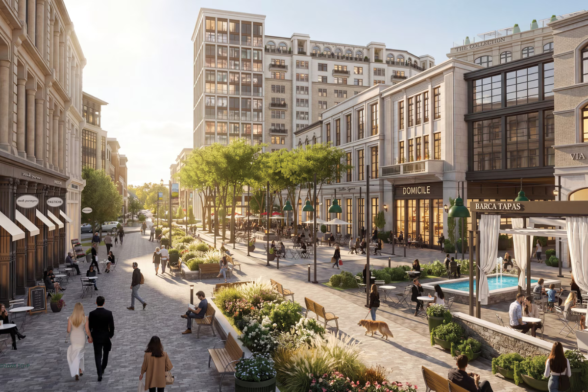 Rendering of the planned Broad Street district in Utah City, Vineyard, showing walkable plazas with benches, greenery, and multistory buildings along brick streets.